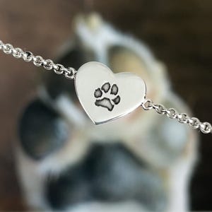 Silver Polished Heart Bracelet Engraved With Your Pet's Actual Paw Print