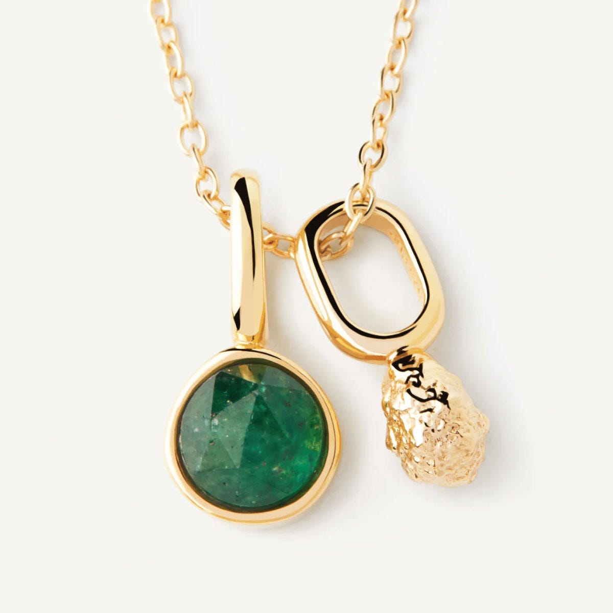 PDPAOLA Gold-plated necklace with two drop pendants featuring pavé zirconia and green aventurine