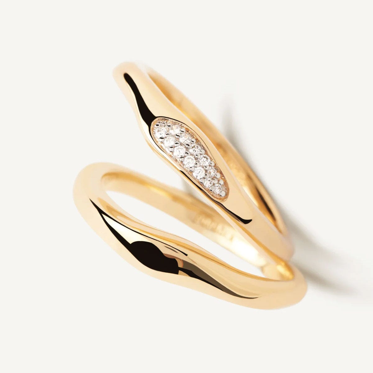 PDPAOLA gold-plated set of two organic rings with pavé zirconia and wavy shape